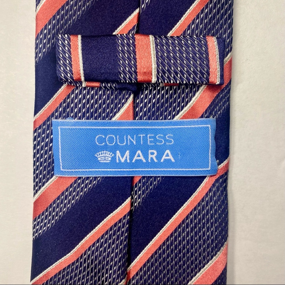 Countess Mara Blue & Salmon Silk Classic Striped Tie 3.75” x 60” - Picture 4 of 5